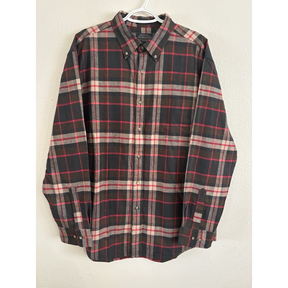 Pendleton Mason Men's L Flannel Shirt Brown Red Plaid 100% Cotton Button Down